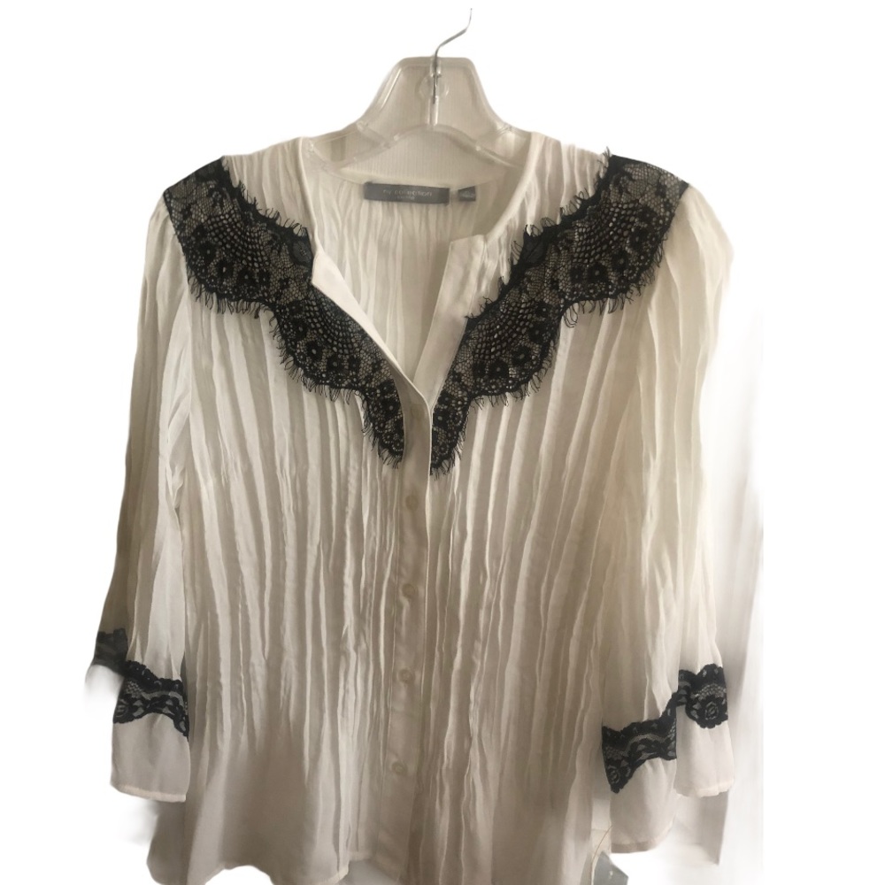 NY Collection Lace Detail Boho Country Black & White Top Pl NWT